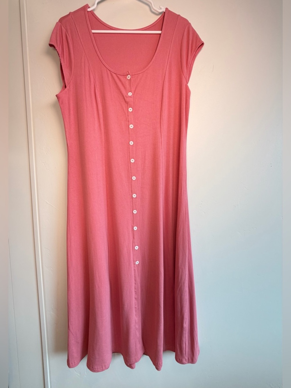 Pink Ribbed Button Front Midi Dress XL Soft Stretch Viscose Casual